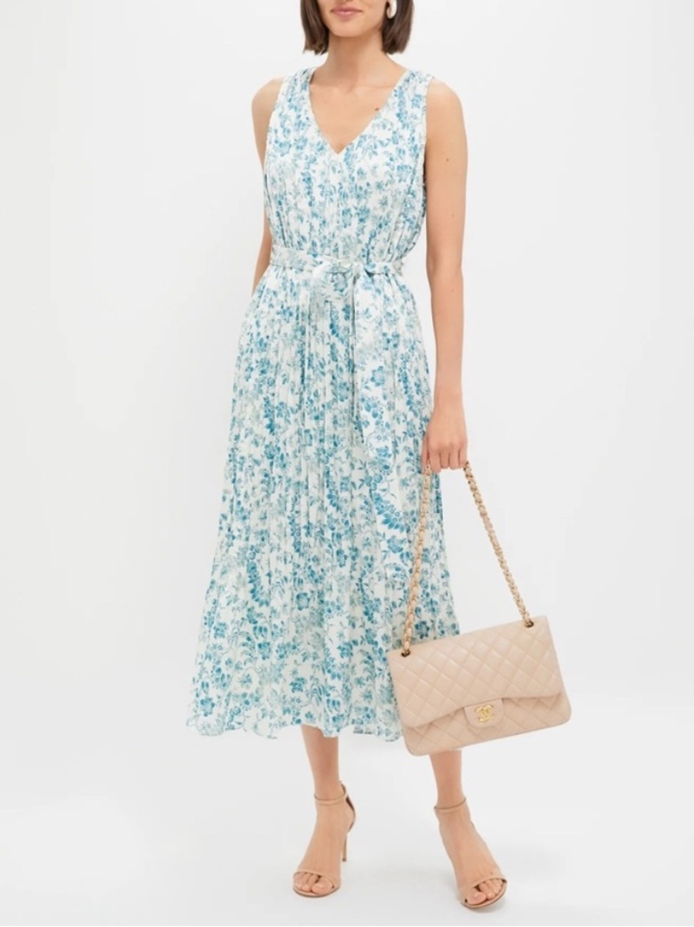 TUCKERNUCK Jardin De Fleurs Plisse Crinkle Alina Dress Medium Blue Floral Midi - Picture 2 of 9